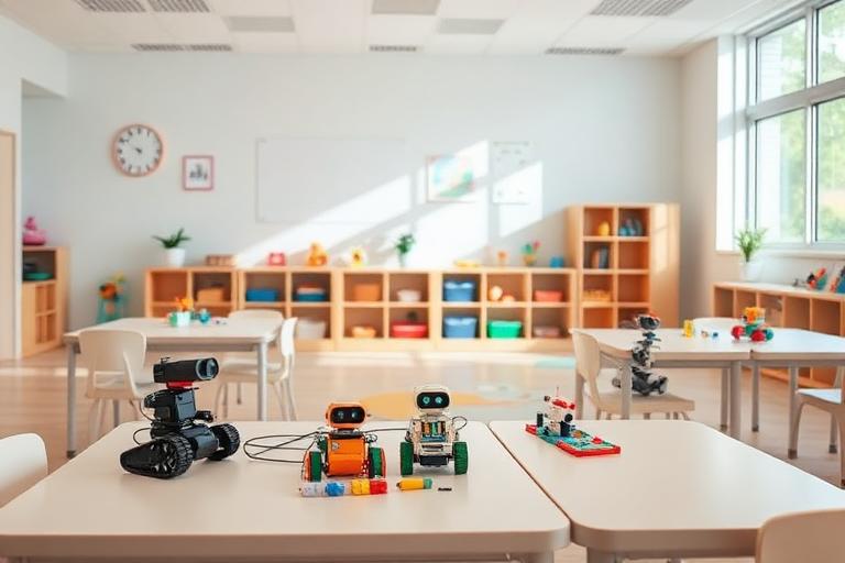 Bright preschool classroom with robotics lab