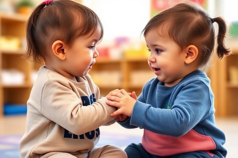 Toddlers sharing kindly in a classroom